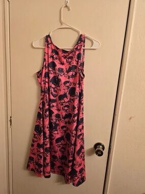 La Ligne Pink Midi Skirt with Navy Skull Print